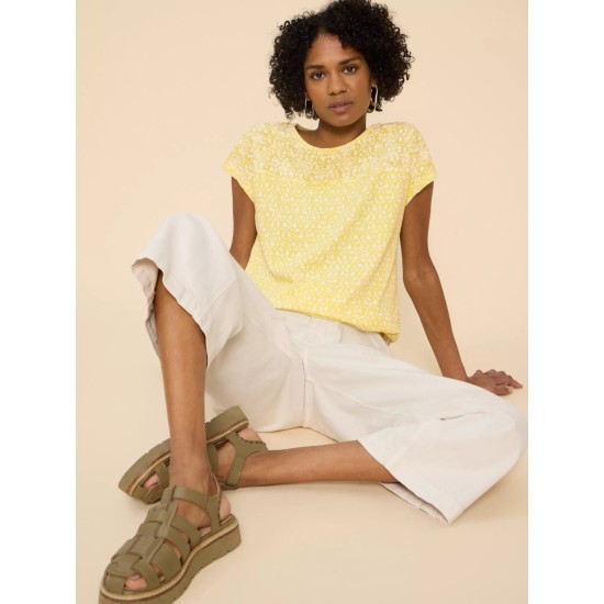 White Stuff Anthea Embroidery Short Sleeve Top in Yellow Print